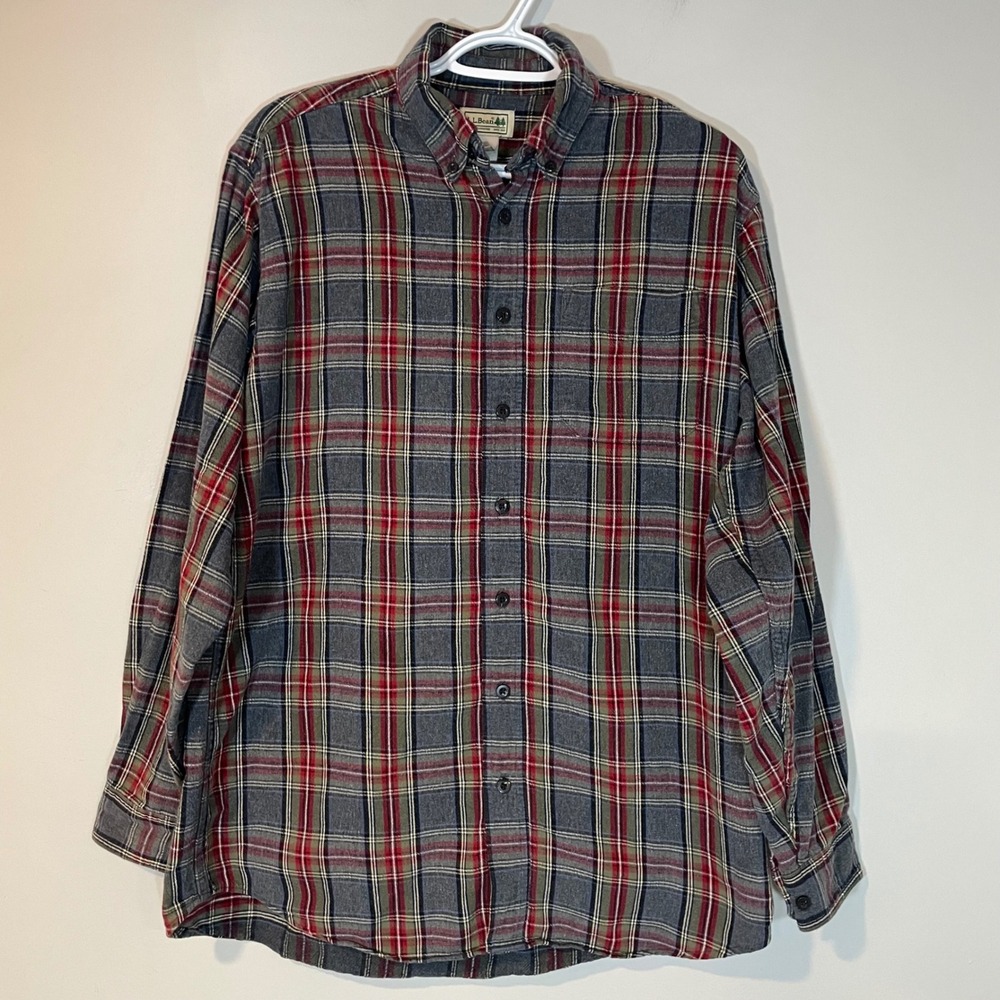 LL Bean Mens Flannel‎ Shirt Med Tall Gray Red Scotch Plaid Cotton Stewart 228066